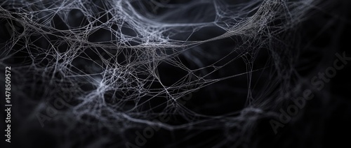 Abstract representation of delicate spider silk strands illuminated against a dark background. creating a sense of depth and intricate detail. ideal for artistic or scientific use