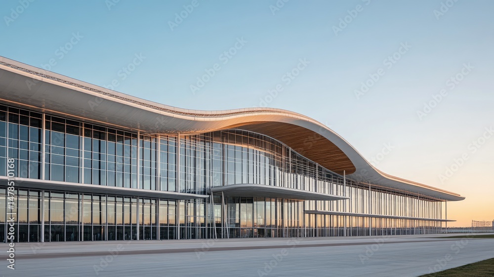 Fototapeta premium Exterior view of a modern stadium with futuristic curved roof and steel framework under clear blue sky