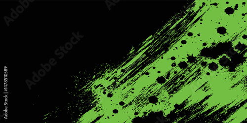 Abstract green and black grunge vector background. Dynamic design with distressed diagonal lines, halftone dots, and splatter textures, creating an energetic and edgy modern effect.Art