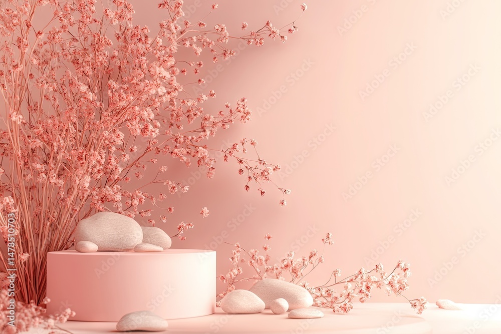 Fototapeta premium A serene landscape featuring a circular pedestal surrounded by delicate pink foliage and rocky formations. set against a dreamy backdrop of soft clouds and distant mountains