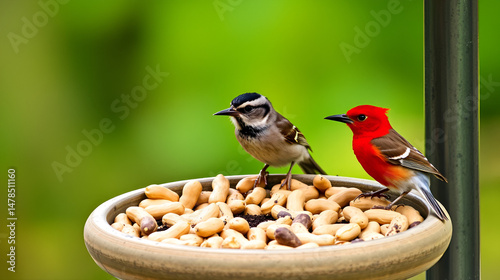 Photo of birds eating peanuts from a bird feeder