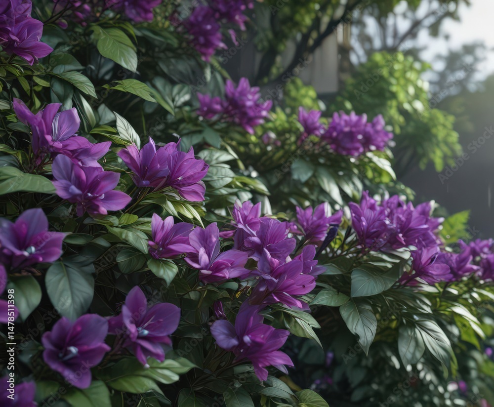 Fototapeta premium Close-up vibrant purple petals, lush green leaves, botany, nature, delicate