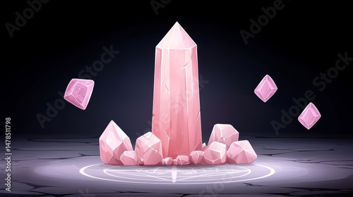 Pink Crystal Tower And Gems Pixel Art Illustration