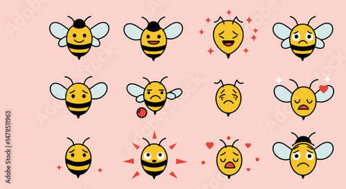 Diverse Bumblebees Expressing Varied Emotions on Pink