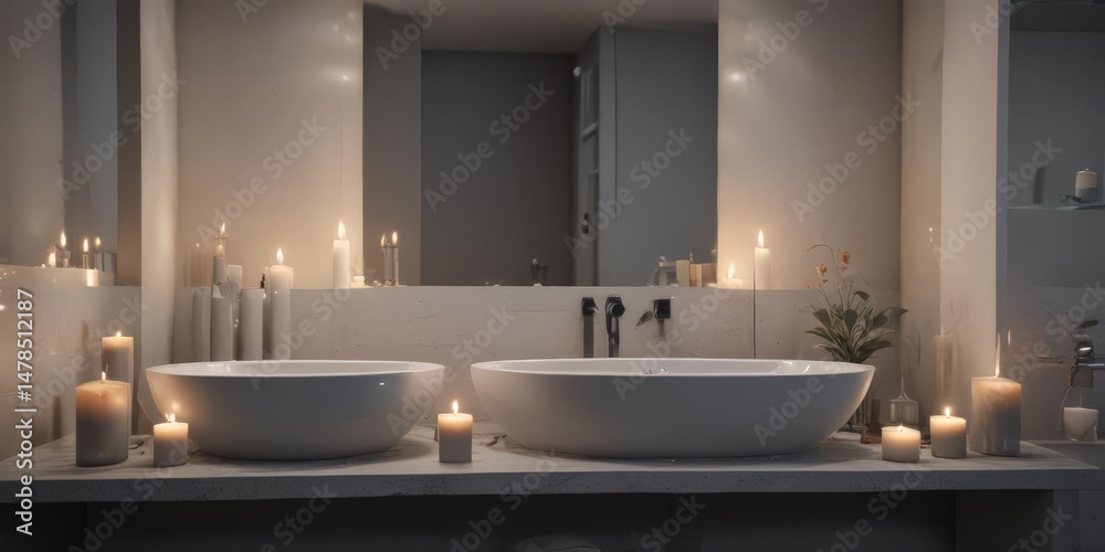 custom made wallpaper toronto digitalBright grey bathroom, multiple candles, soft glow , minimal, marble, illuminated