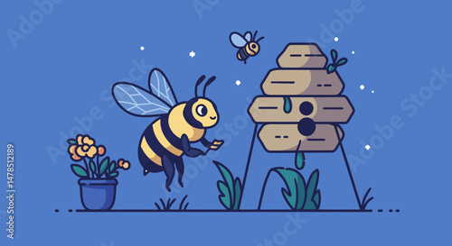 Cartoon bee with striped abdomen flying near potted yellow flowers