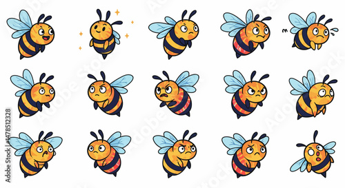 Six Cartoon Bees Displaying Diverse Emotions