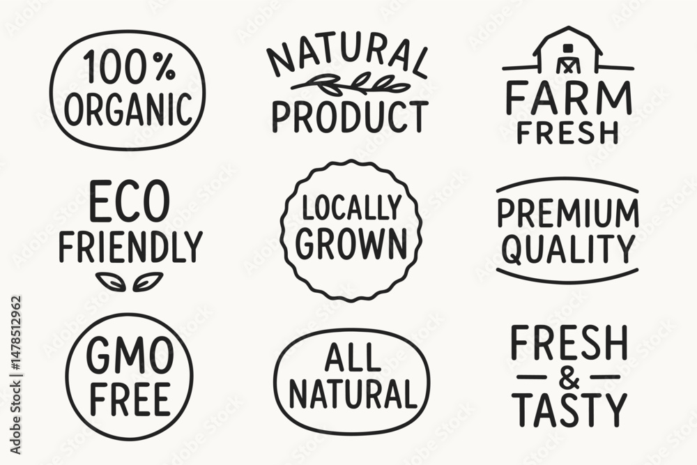 Obraz premium Hand drawn organic and eco friendly food labels and natural product vector badges set