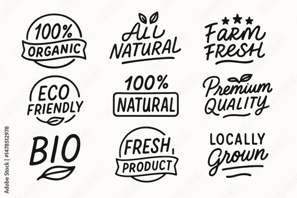 Fototapeta premium Hand drawn organic and eco friendly food labels and natural product vector badges set