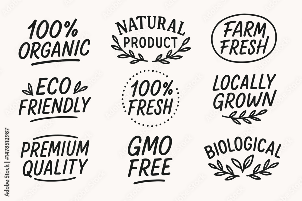 Fototapeta premium Hand drawn organic and eco friendly food labels and natural product vector badges set