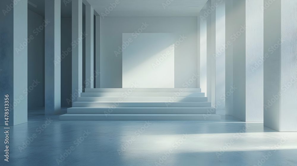 Fototapeta premium Minimalist White Hallway with Steps and Natural Light