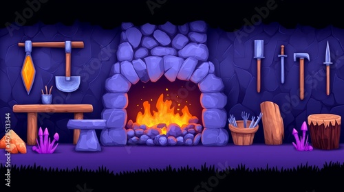 Pixel Art Blacksmith's Workshop Fiery Furnace and Tools in a Stone Cave