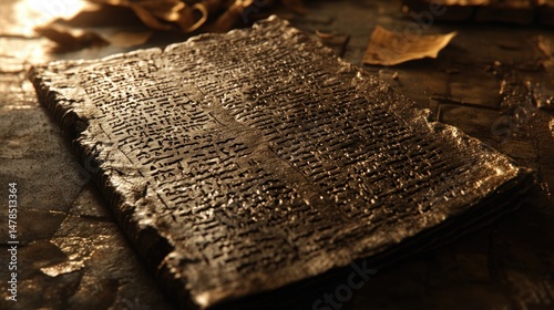 ancient weathered tablet with cuneiform inscriptions resting on aged stone surface conveying history, knowledge, mystery, and the legacy of civilization's written heritage