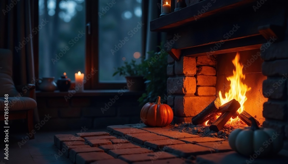 Obraz premium Cozy fireplace glowing warmly at night, embers smoldering , warm, orange, peaceful
