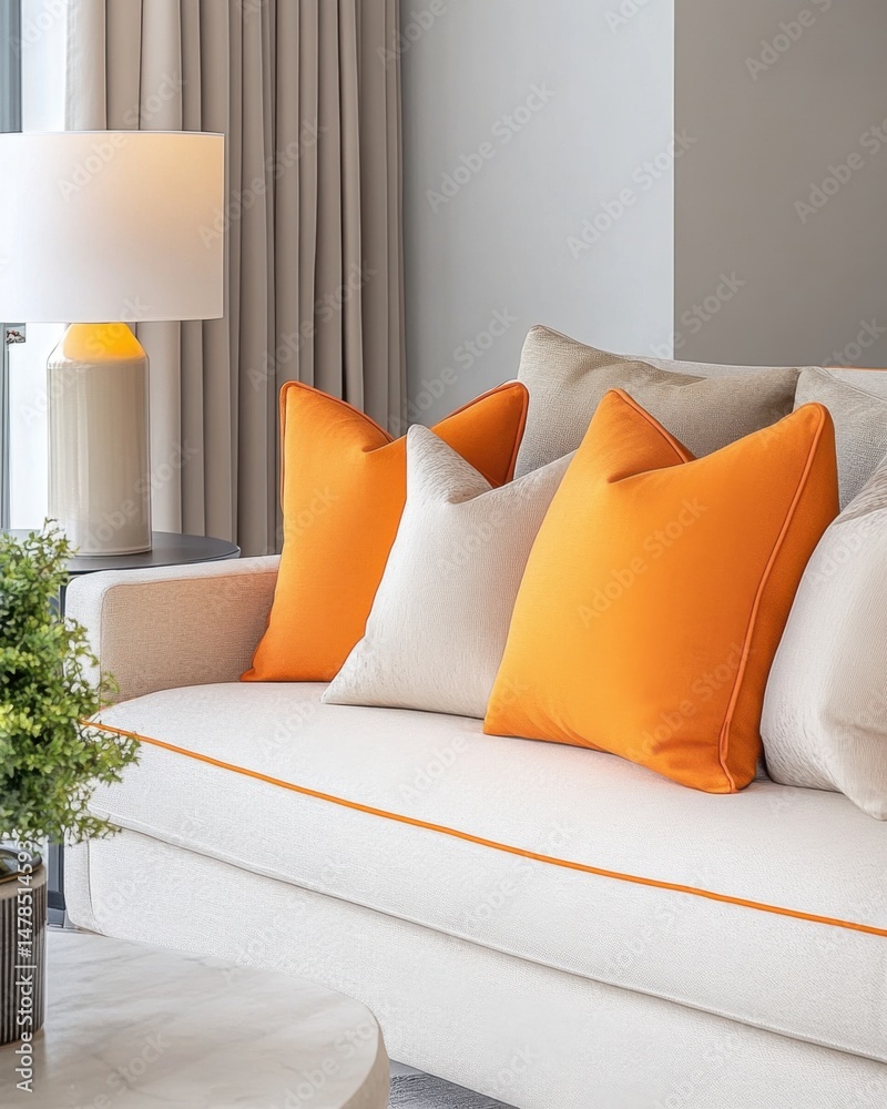 Obraz premium Close-up of a modern sofa with orange and white pillows in a bright living room setting; interior design, home decor, comfort
