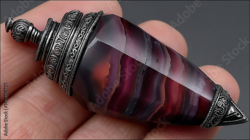 macro photograph of a rainbow obsidian ring with intricate silver filigree detailing, highlighting the stone's iridescence and the metalwork, worn on a finger,