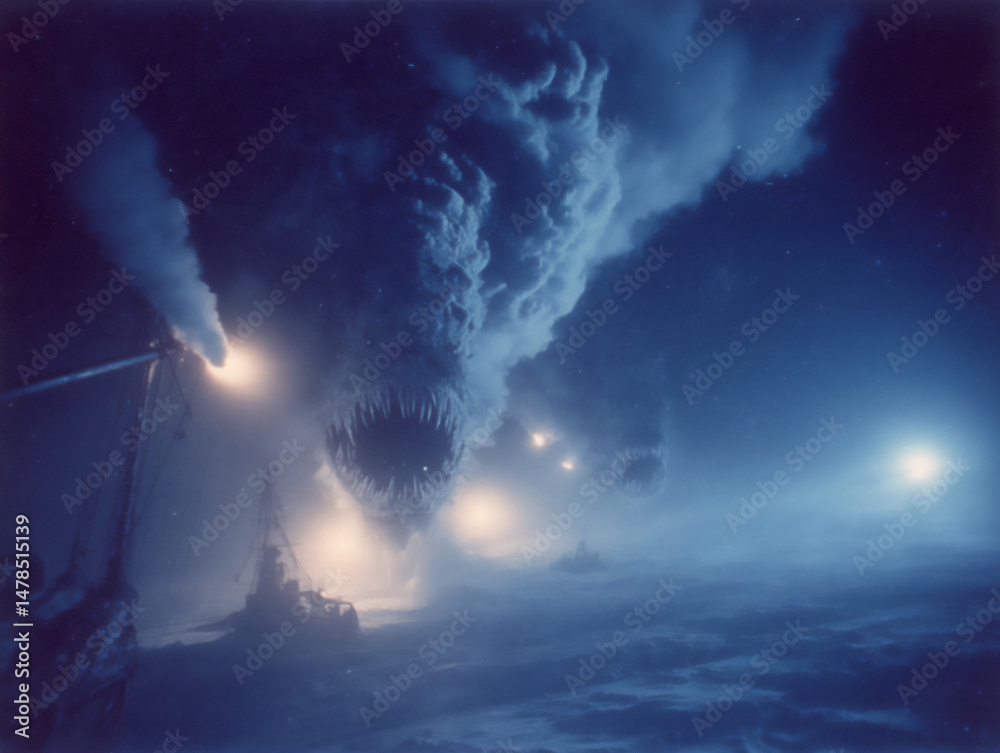 Fototapeta premium underwater photograph of several anglerfish gathered near a hydrothermal vent emitting plumes of dark smoke, illustrating their adaptation to extreme conditions,