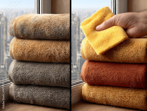 before and after close-up photograph showing a dirty, smudged window and a clean, sparkling section being wiped by a yellow cloth,