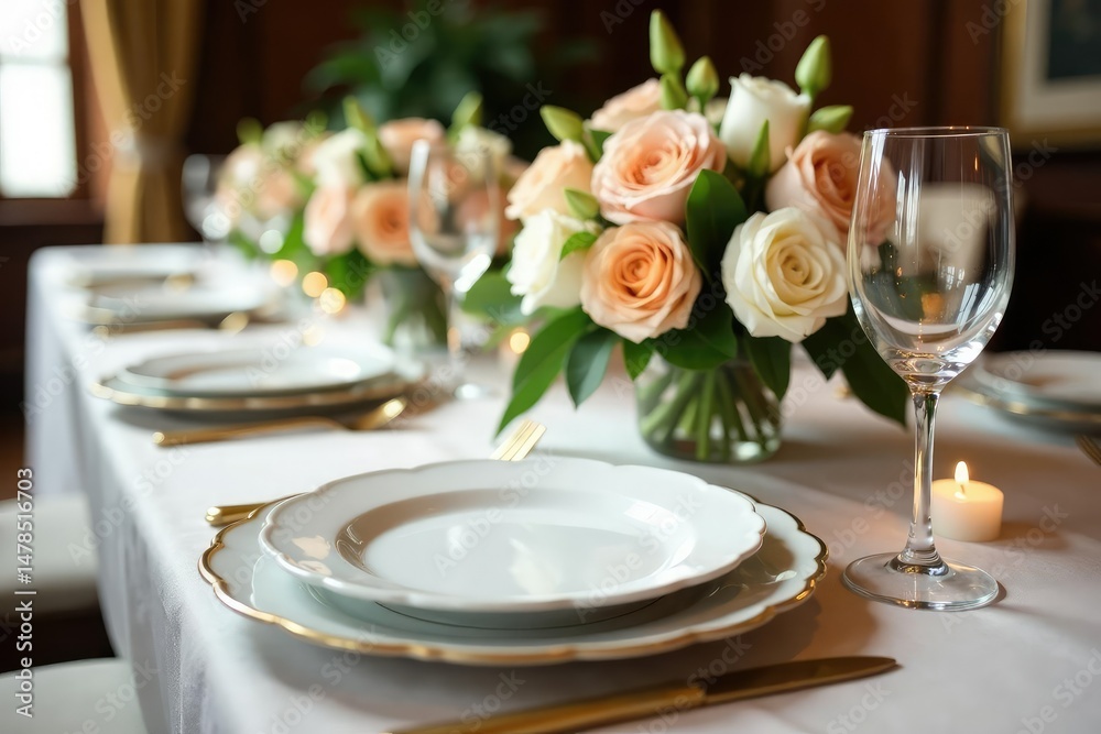 Fototapeta premium Elegant wedding table setting with floral centerpiece, gold cutlery, and fine china , festive, candles, special occasion