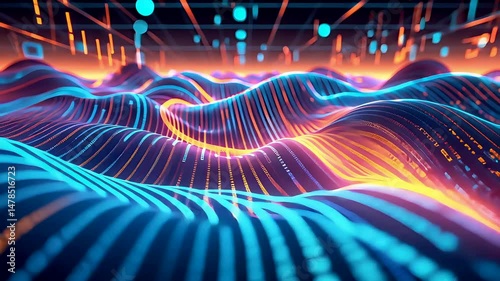 Digital Waves Flowing in Neon Cyber Grid Data Visualization Concept