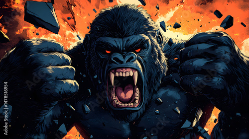 A gorilla with red eyes and teeth is shown in a black and orange background