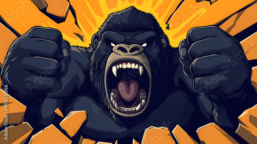 A gorilla with red eyes and teeth is shown in a black and orange background