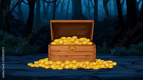 Pixel Art Treasure Chest Filled With Gold Coins In Dark Forest