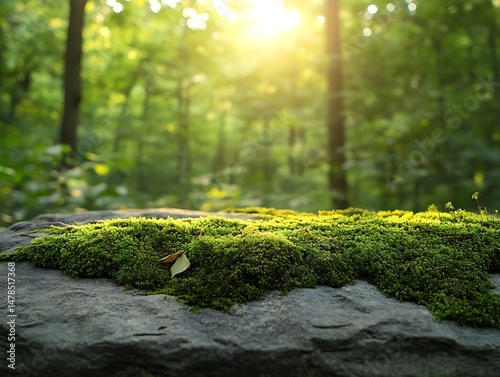 Mossy rock, sunlit forest
