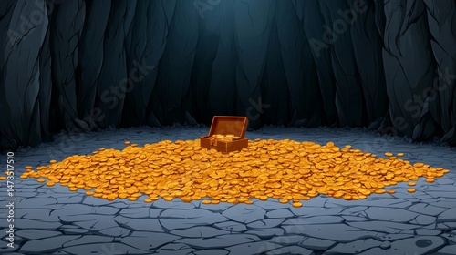 Pixel Art Treasure Chest Gold Coins In A Dark Cave