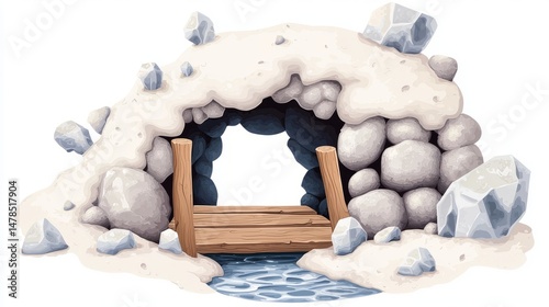 Pixel Art Winter Scene Snow Covered Rock Tunnel With Wooden Bridge