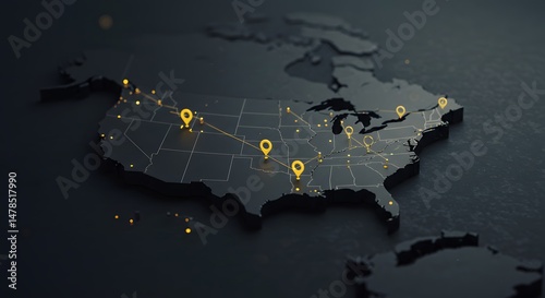 Global Network Connectivity: A 3D Map Illustrating Seamless Business Connections Across the United States