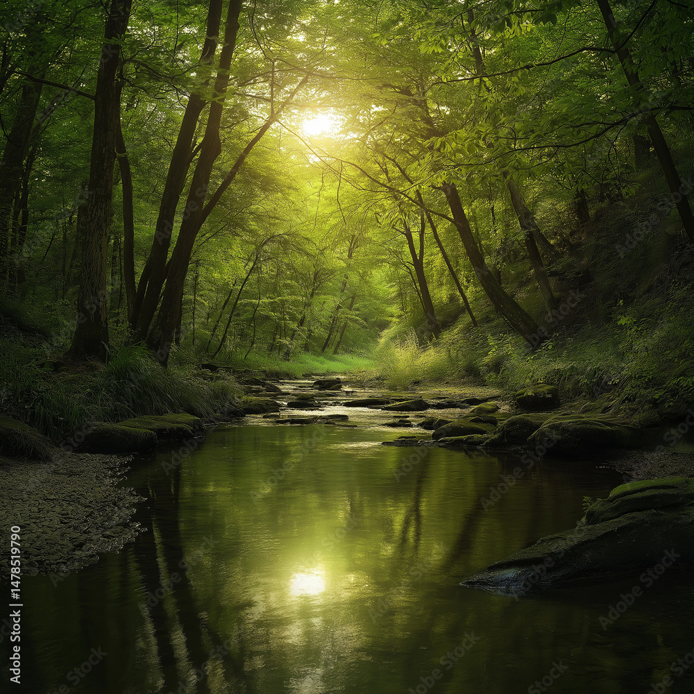 Obraz premium Serene Forest with a Clean River Showcasing Nature’s Beauty and the Importance of Environmental Conservation, High-Resolution Photography with Vibrant Colors and Tranquil Atmosphere