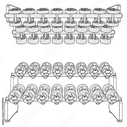 Dumbbell Rack Horizontal Vector. Illustration Of Dumbbells Isolated On White Background.
