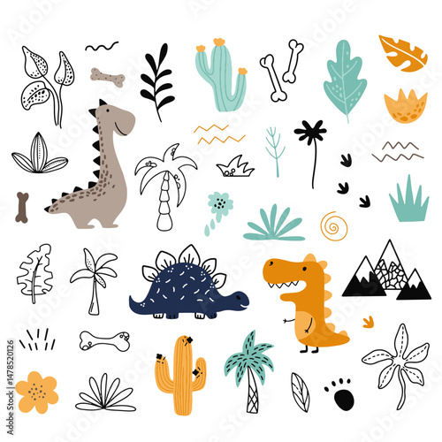 Cute vector set with different dinosaurs, mountains, volcanoes, palm trees, clouds, eggs, footprints. Vector illustration. Creative children's animals