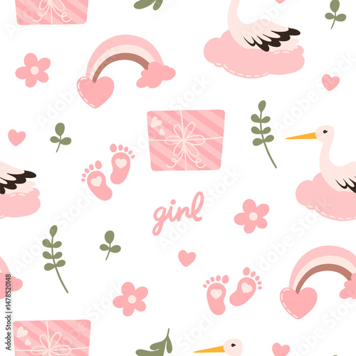 Toddler nursing and health care and hygiene products with decorative elements for baby shower design. Pattern. 
