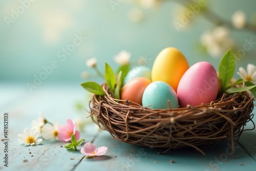 Colorful Easter eggs in a spring nest, happy Easter message , festive, painted eggs, blue
