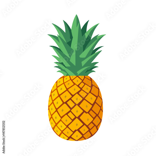 A textured yellow pineapple with spiky leaves on top, a tropical and flavorful fruit.