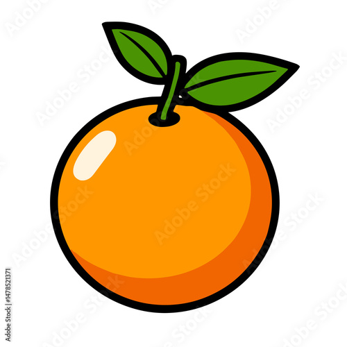 A round, vibrant orange with two green leaves attached, a classic citrus fruit rich in vitamin C.