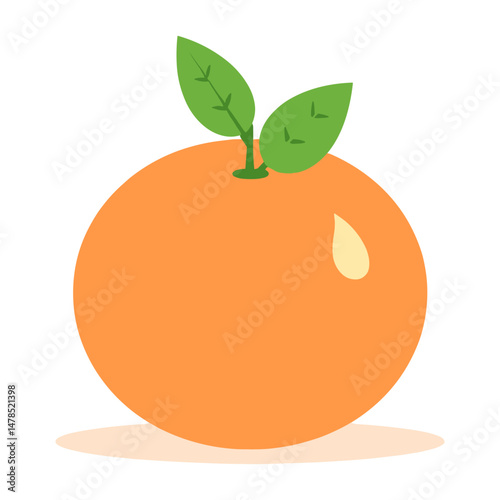 A bright orange fruit with two green leaves attached, a source of vitamin C and refreshing flavor.