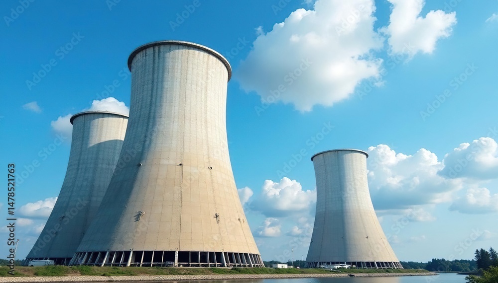 Large industrial cooling tower against a blue sky Efficient heat dissipation, energy production, industrial infrastructure , environmental, structure Large industrial cooling tower against a blue sky Efficient heat dissipation, energy production, industrial infrastructure , environmental, structure