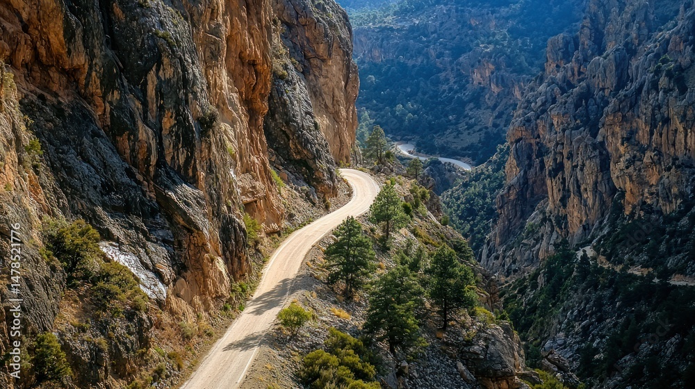 Obraz premium A winding mountain road cutting through steep cliffs