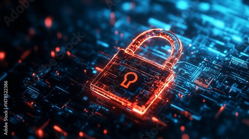 Digital Security Protection Concept with Glowing Padlock on Circuit Board Background