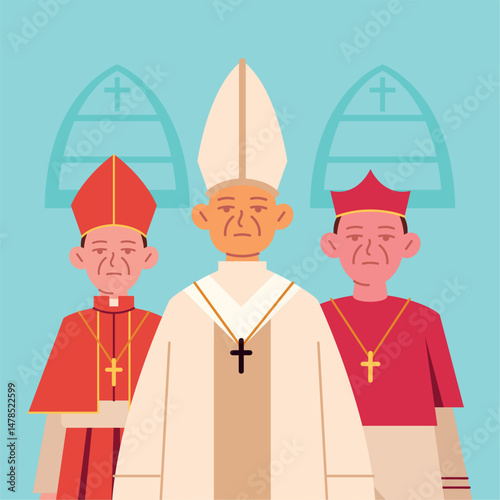 Catholic Clergy Gathering Featuring the Pope and Cardinals in Flat Design