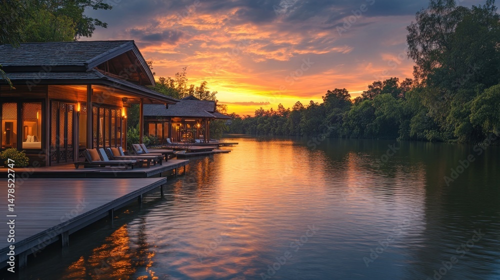 Fototapeta premium Sunset Serenity: Luxurious Waterside Villas at Golden Hour