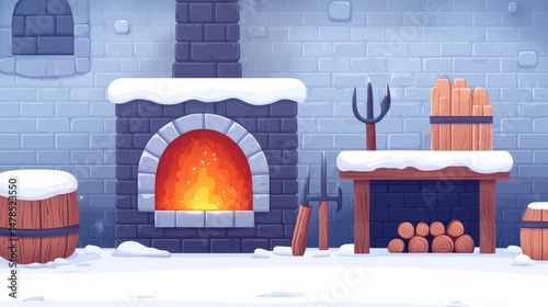 Snowy Blacksmith Workshop with Glowing Fireplace and Tools