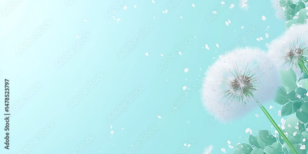 Obraz premium Light Blue Spring Background with Dandelions