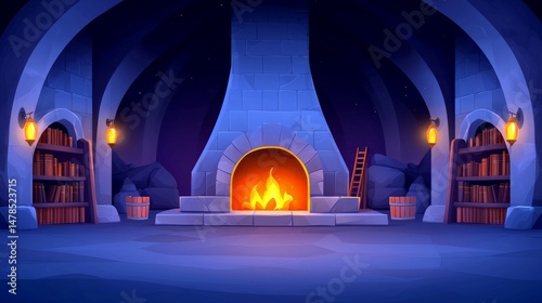 Stone Fireplace in Dark Arch Room with Bookshelves