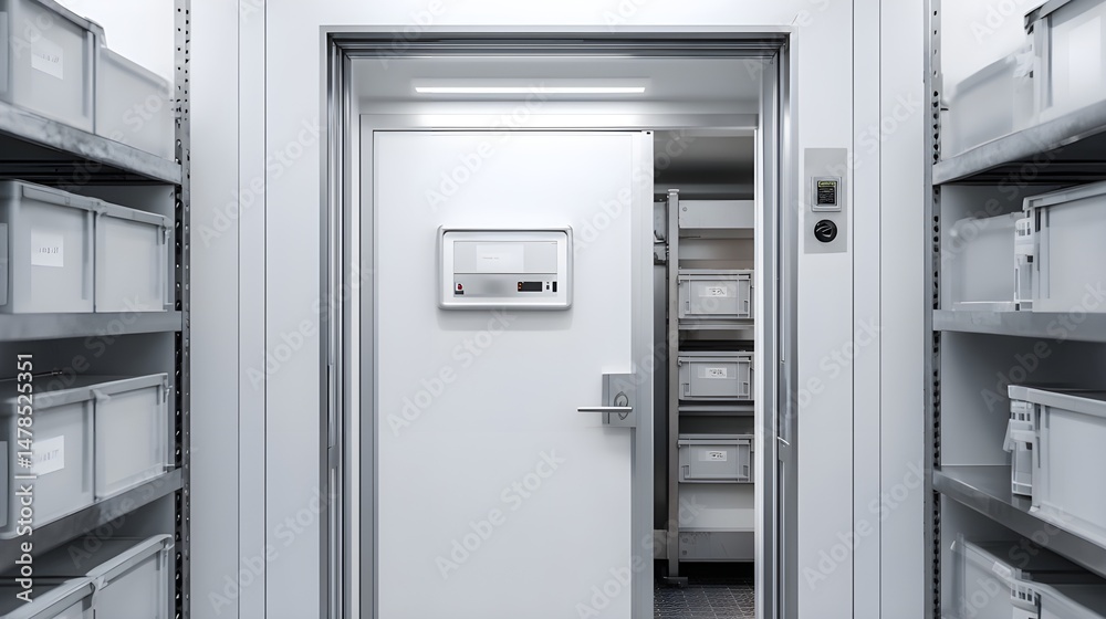 Fototapeta premium Clinical white medical sample storage unit with labeled compartments, temperature control panels, and secure shelving