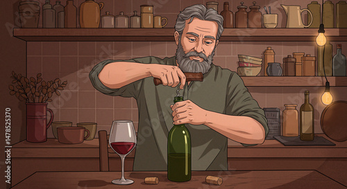 Elderly man opening wine bottle while standing at rustic kitchen counter  