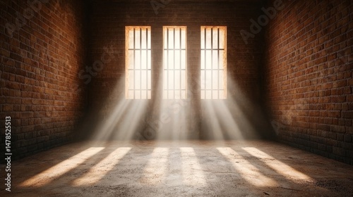 Sunbeams In A Dark Brick Room With Barred Windows
